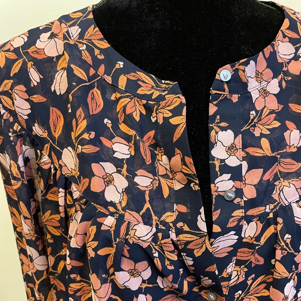 LOFT Navy Blue Floral Long Sleeve Button Up Blouse - Picture 3 of 6
